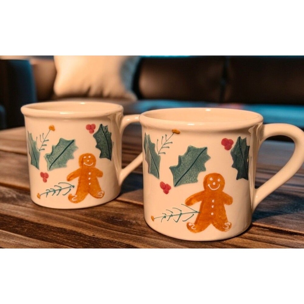 Vintage Hartstone Pottery Gingerbread Holly Mugs 80s Christmas Holiday Chunky